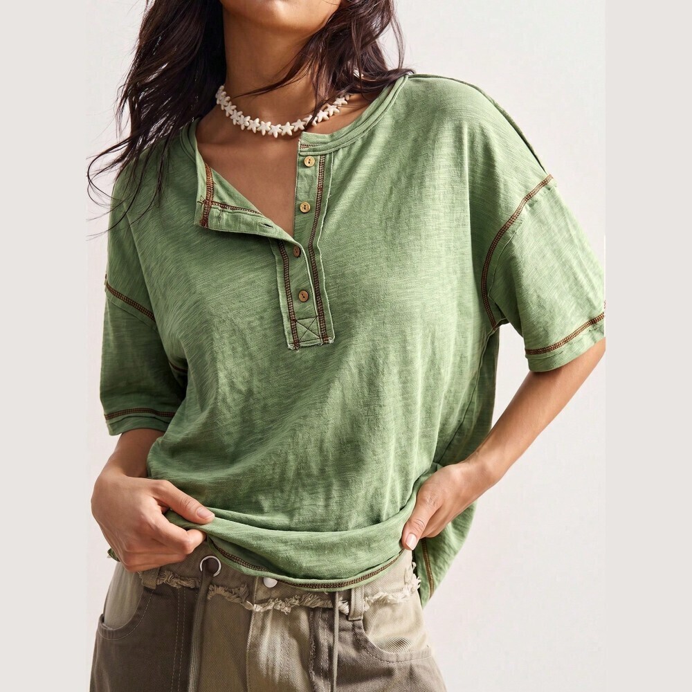 Sage Green Henley Knit Top with Contrast Stitching